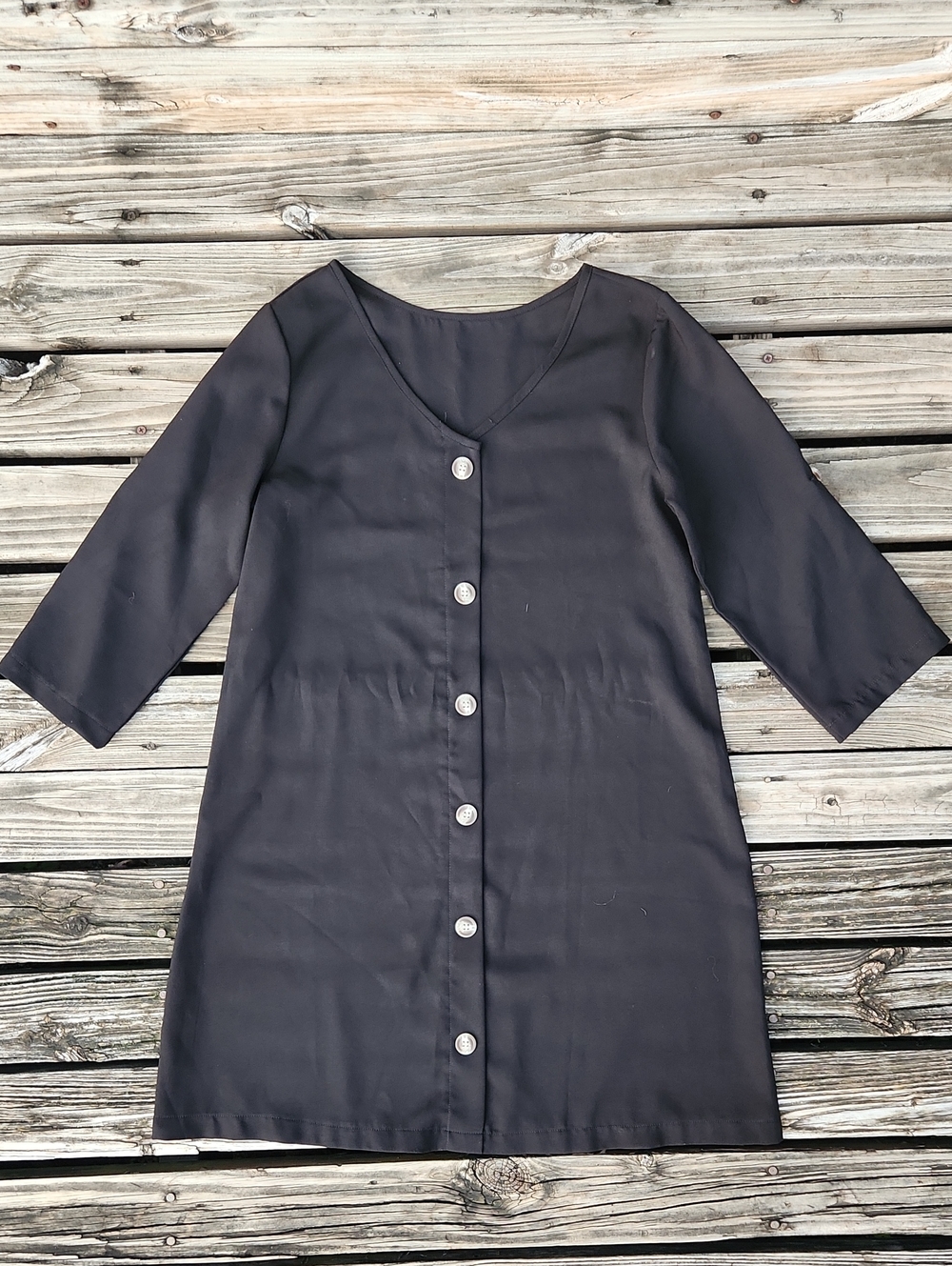 Black Button Down Front Dress Neutral Basic Funeral Small V-Neck